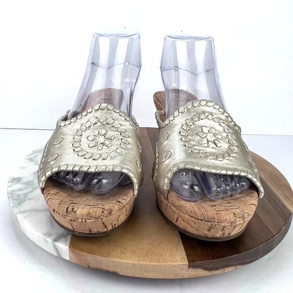 Jack Rogers Leather Gold Slip on Whipstitch Mid Stacked Cork Wedge Sandals 8 - Picture 4 of 10